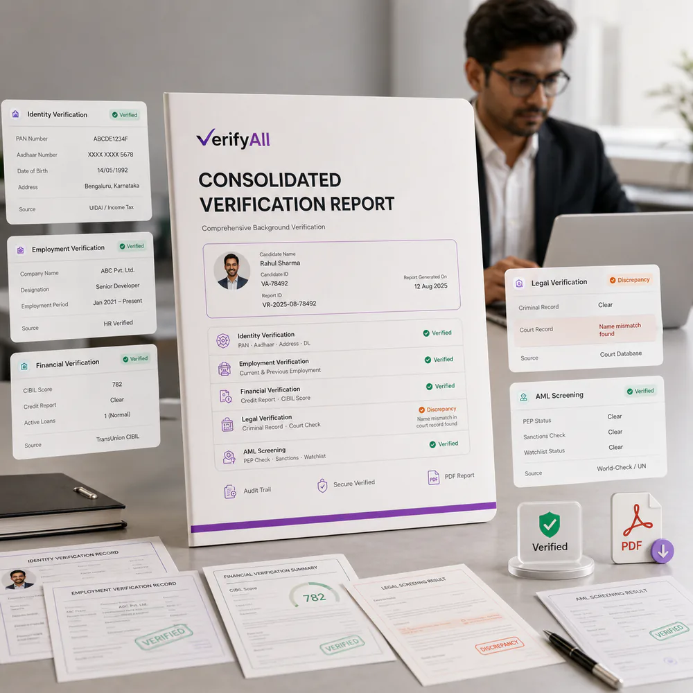 Sample VerifyAll employee background verification report with a per-check status for identity, employment, credit, legal and AML checks